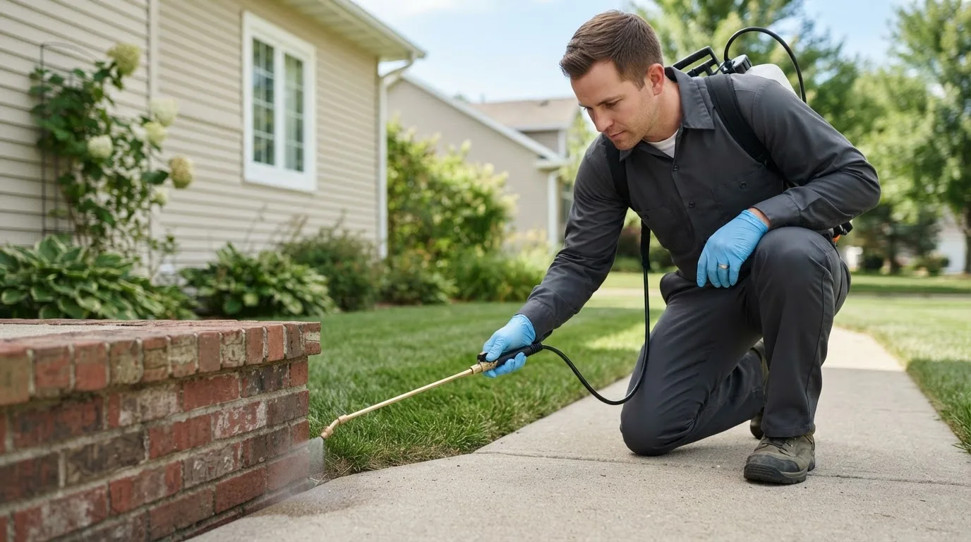 Pest control technician treating a home near Happy Valley, OR
