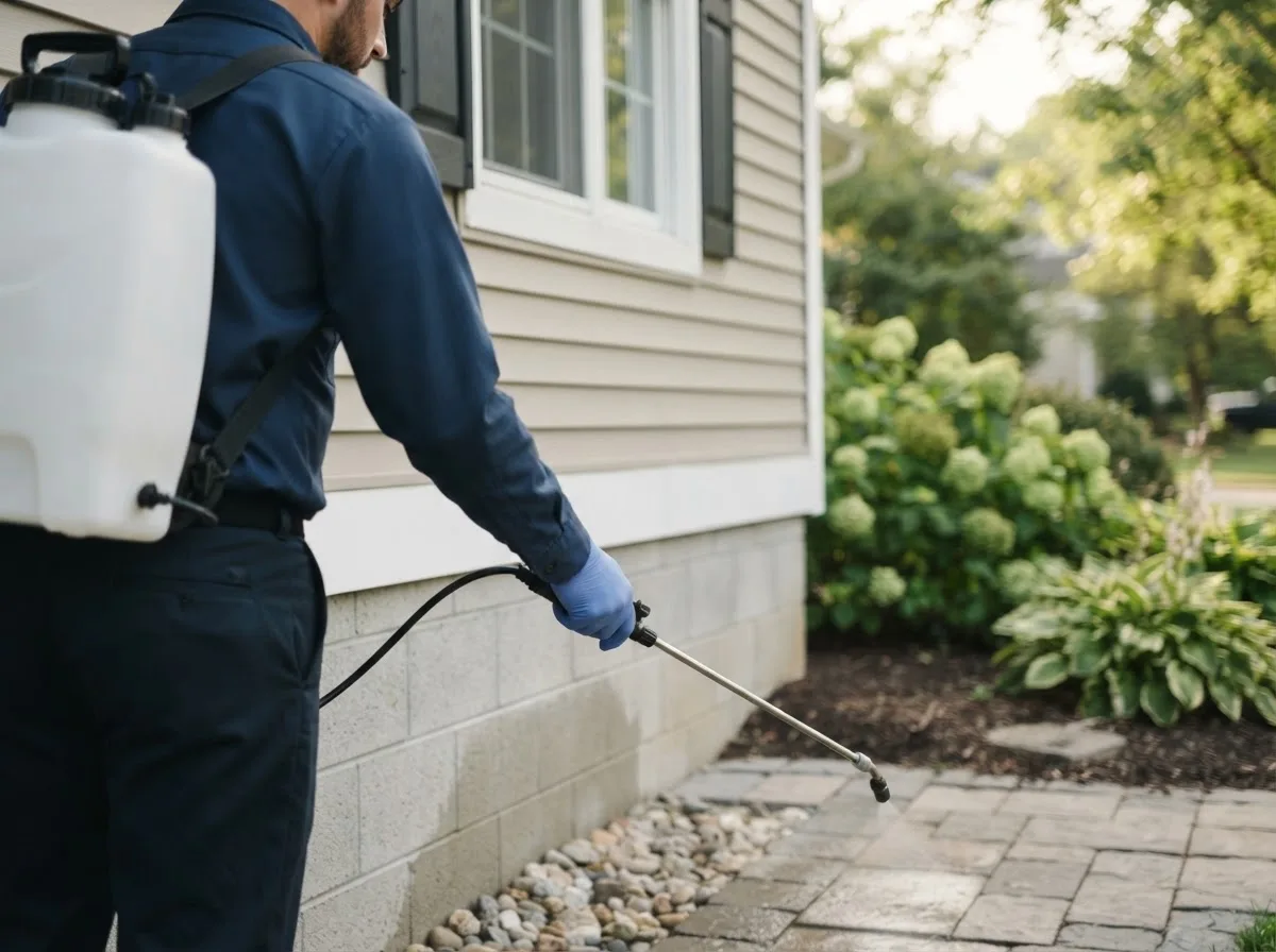 Pest control technician inspecting a home in Happy Valley, OR